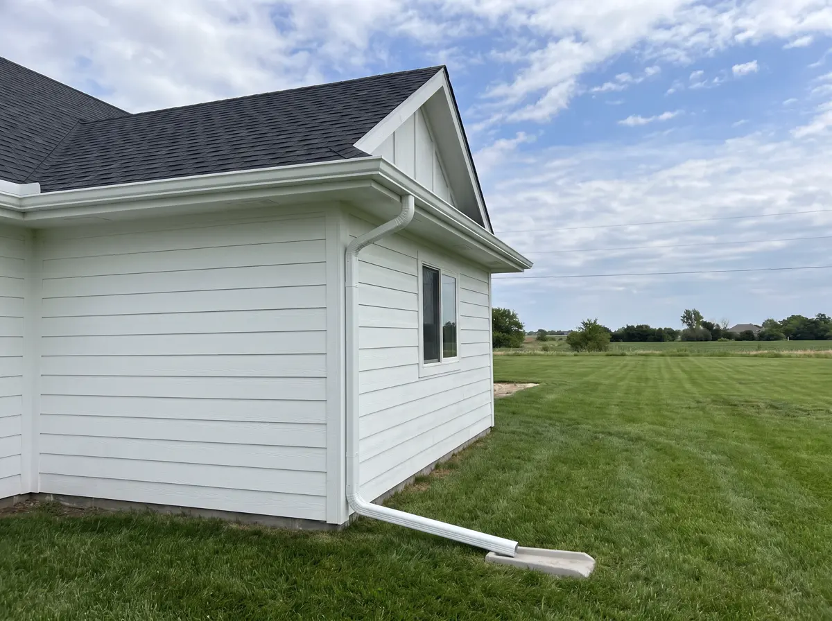The corner of a white house with a new dark shingle roof and a new white gutter and downspout